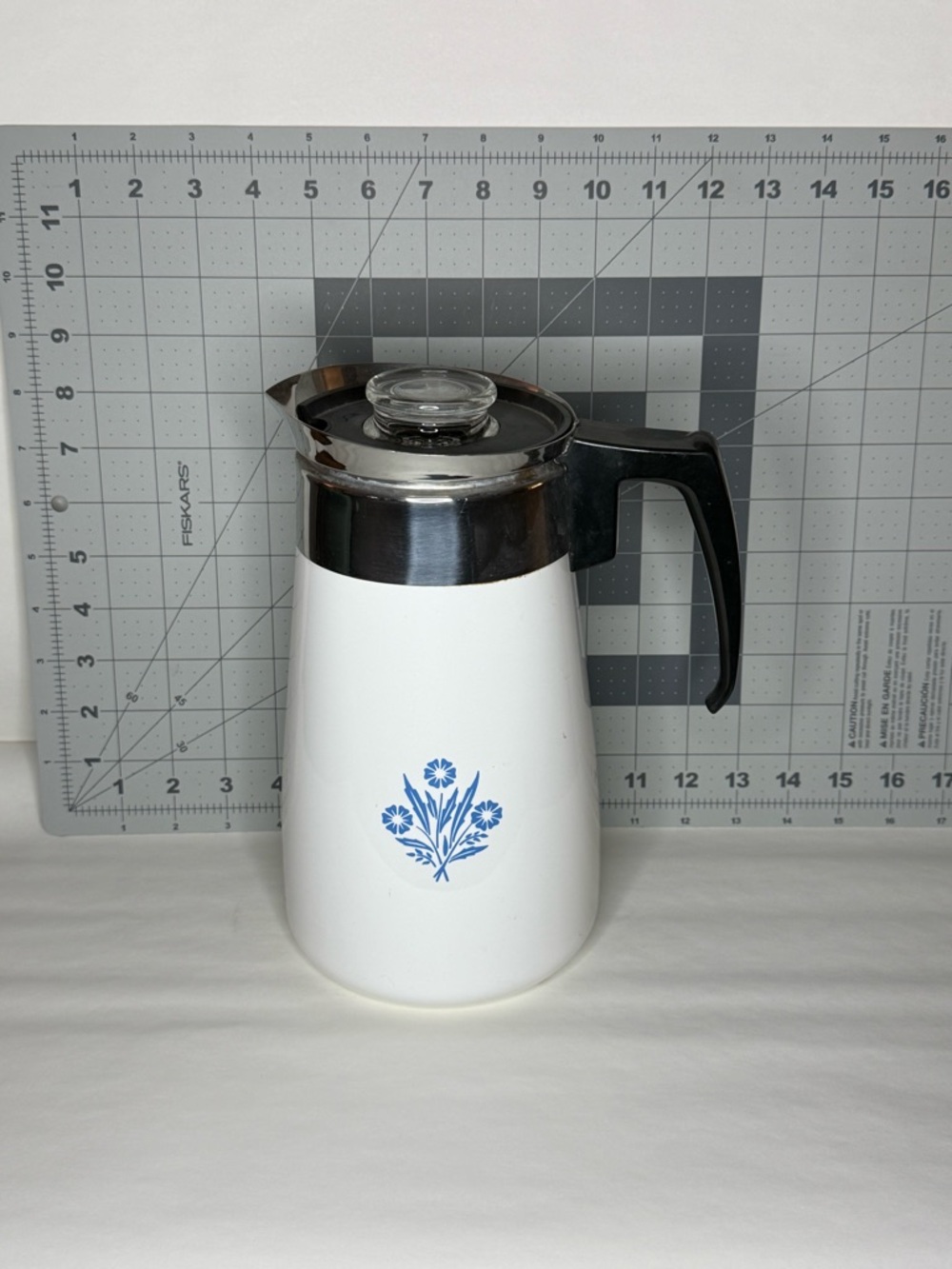 Corningware White Coffee Percolator with Blue Floral Motif and Black Handle